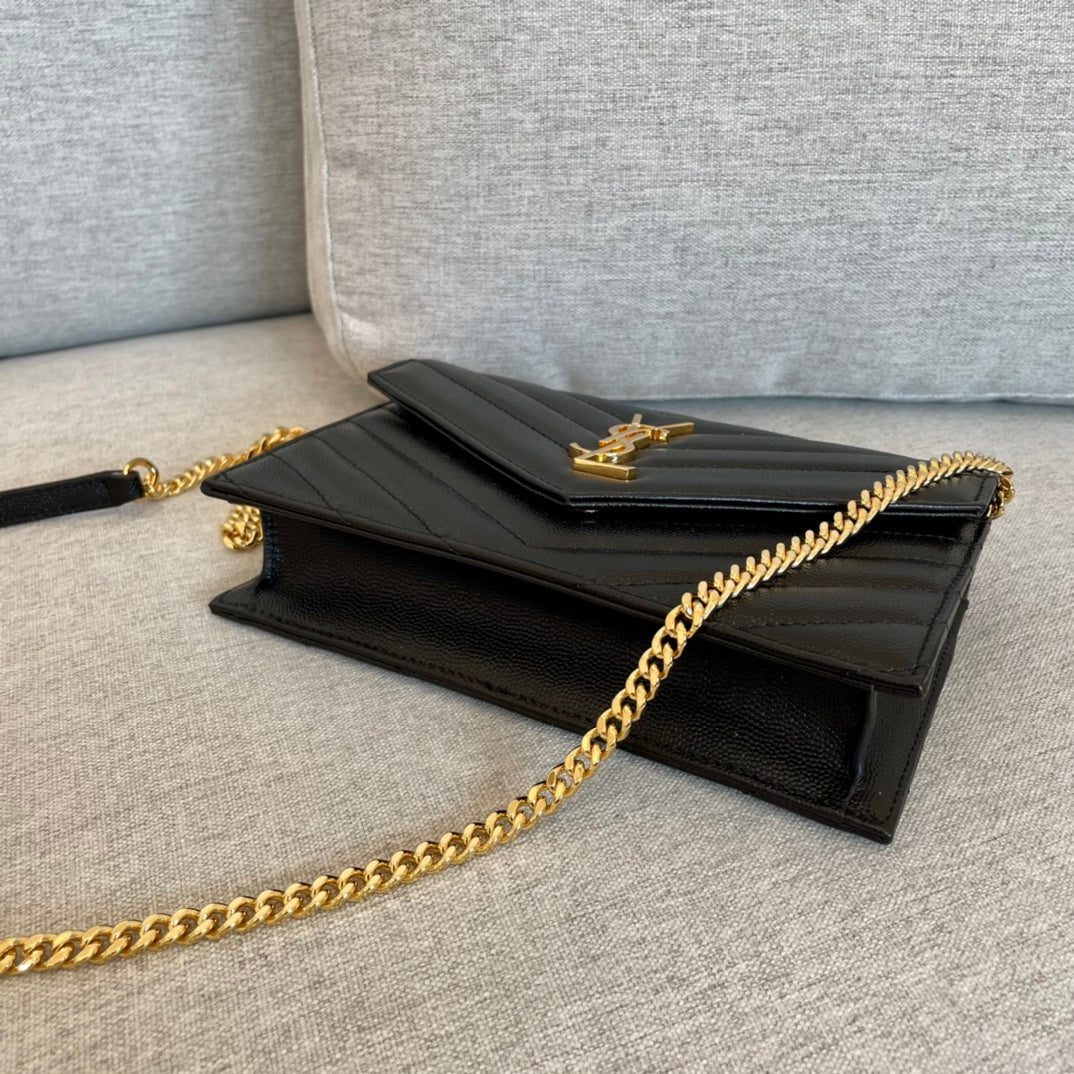 YSL Cassandre Envelope Chain Wallet Black Grain Leather Golden Hardware 19 cm